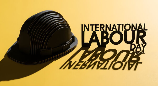 Black hard hat and International Labour Day text on yellow
