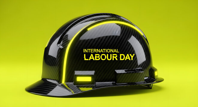 Carbon fiber hard hat with International Labour Day text