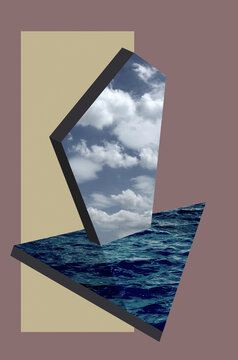 Collage with a monolith standing on water surface