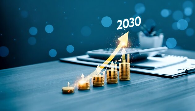 Rising gold coin stacks with growth chart and 2030 target on dark blue financial background