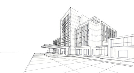 Modern Architectural Sketch of a Large Commercial Building. © Dika