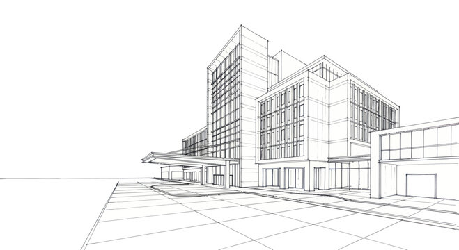 Modern Architectural Sketch of a Large Commercial Building.