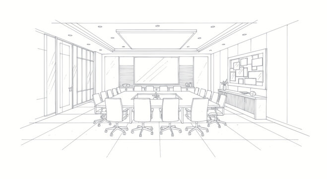Modern Conference Room Sketch with Large Oval Table and Chairs.