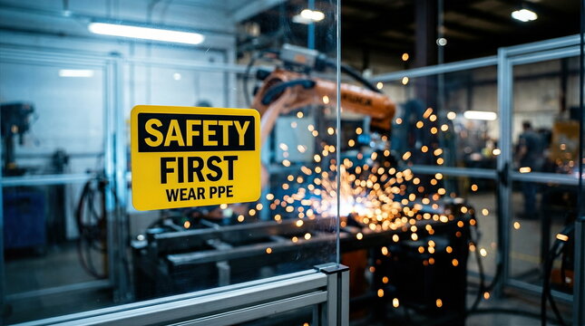 A "Safety First Wear PPE" sign prominently displayed in an automated factory, featuring a robotic arm welding with bright sparks.