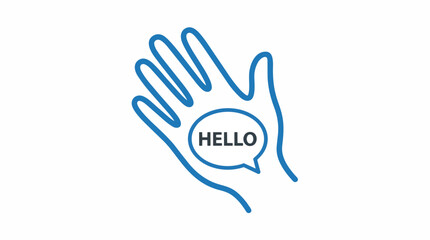 Obraz premium Minimalist blue line art hand icon with hello speech bubble on white background, ideal for customer support, onboarding UI and greeting messages.
