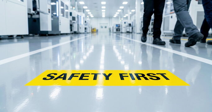 A prominent 'SAFETY FIRST' sign on a clean, modern industrial factory floor, with people walking, emphasizing workplace safety and occupational health.
