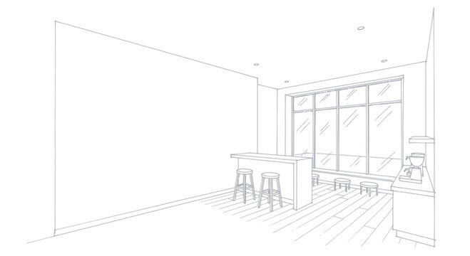 Modern Kitchen Bar Sketch with Stools and Large Window View.