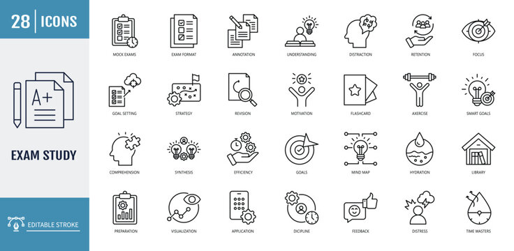 Exam study icon set. Icons related to preparation, revision, focus, concentration, schedule, goals, review, notes. Outline icon set. Vector illustration with editable stroke