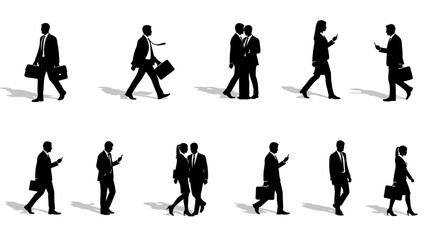 Obraz premium collection of business people silhouettes walking communicating and using smartphones on a white background.