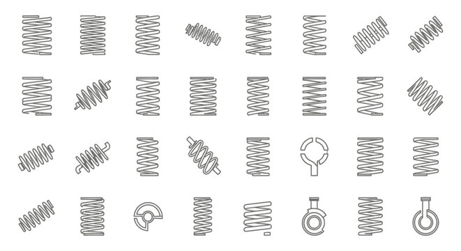 a collection of various spring coils and mechanical components in a linear grid pattern