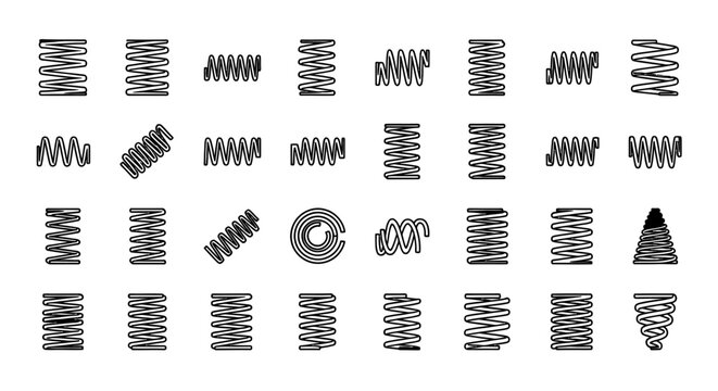 spring coil vector icons set displaying various industrial metal springs essential for engineering and mechanical design resources.