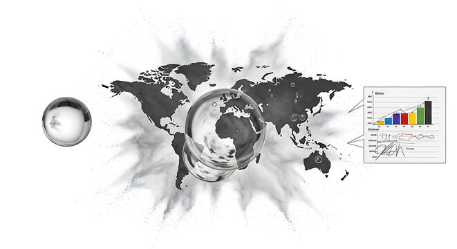 Global network connectivity, digital world map exploding with particles, data visualization, internet connection, technology concept