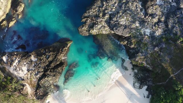 Amazing Mandorak Beach, Sumba with turquoise blue sea water. Aerial drone footage. Sumba Island, Indonesia