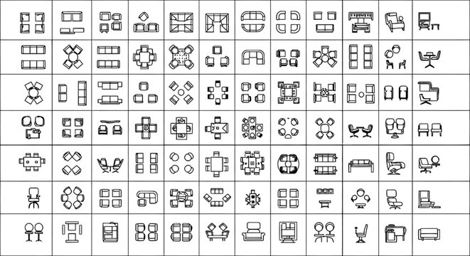 comprehensive set of architectural furniture symbols top view vector icons for interior design and floor plans.