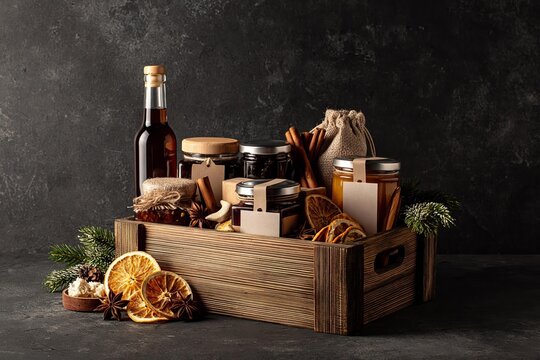 Gourmet gift hamper with jams, honey, and festive spices for the holidays