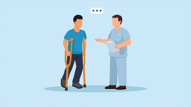 Video animation motion graphic of therapist assisting injured man rehabilitation process, 2D flat cartoon stock footage 4K high quality