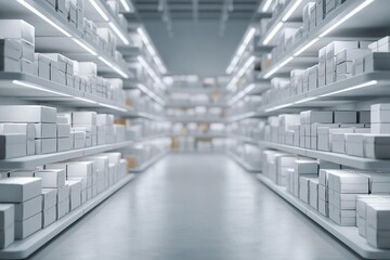 Obraz premium Organized warehouse aisle with rows of white boxes on shelves