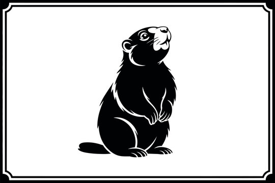 A black and white illustration of a marmot sitting upright and looking upwards.