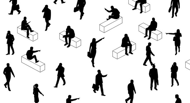 isometric black silhouette people vector pattern of a diverse business crowd walking sitting and communicating.
