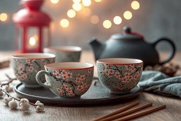 Fototapeta premium Cozy tea time with cherry blossom cups and lantern glow