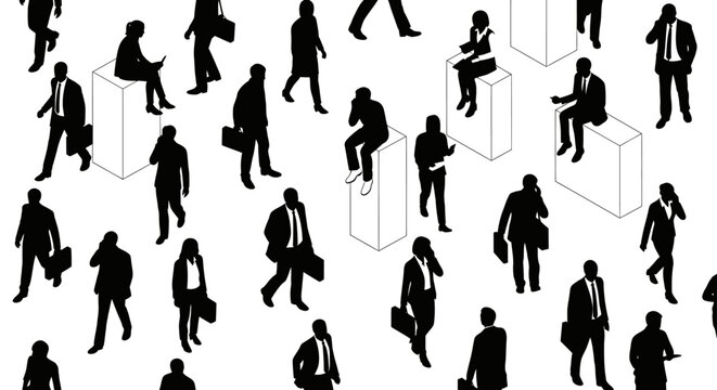 isometric illustration of a crowd of business people silhouettes networking in a modern corporate environment