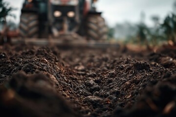Fototapeta premium Tractor plowing a field, close-up of fertile soil in the foreground