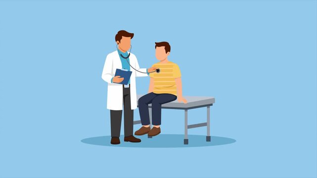 Video animation motion graphic of doctor checking young patient health examination, 2D flat cartoon stock footage 4K high quality