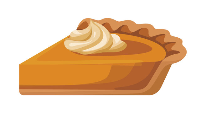A slice of pumpkin pie with whipped cream on top against a white background