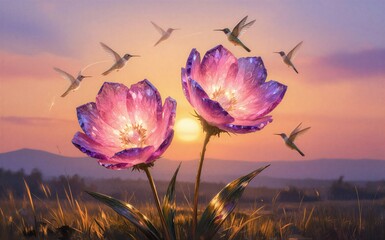 Obraz premium Magical hummingbirds dance around glowing purple flowers at golden