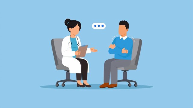 Video animation motion graphic of doctor consulting male patient in clinic, 2D flat cartoon stock footage 4K high quality