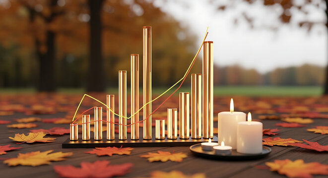 Golden bar chart and line graph showing upward trend on a wooden table with autumn leaves and burning candles, representing growth and investment