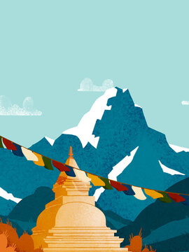 Stupa and colorful tibetan prayer flags in himalayas