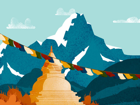 Stupa and colorful prayer flags with himalayas background