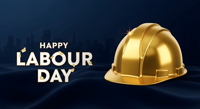 Gold hard hat and Happy Labour Day text on blue