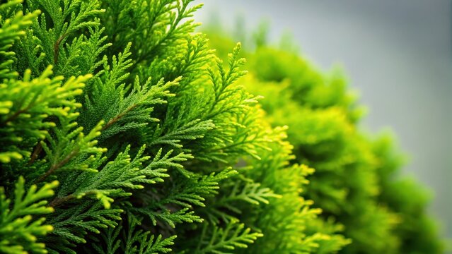 A realistic photo of Closeup of fresh green branches from a green hedge of thuja trees