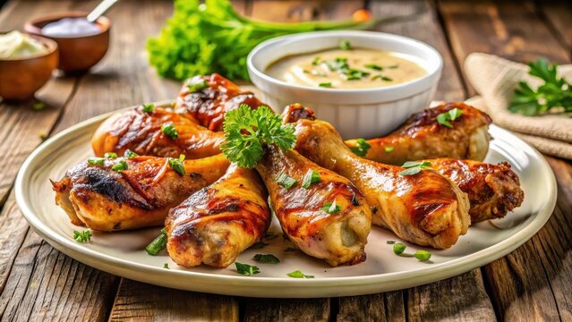 A realistic photo of Grilled chicken drumsticks served on a white plate with dipping sauce