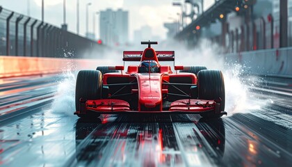 Fototapeta premium Red Race Car on Wet Track.