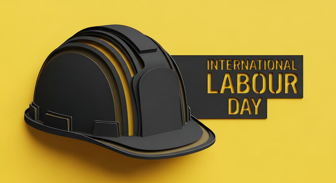 Black hard hat with International Labour Day text on yellow background