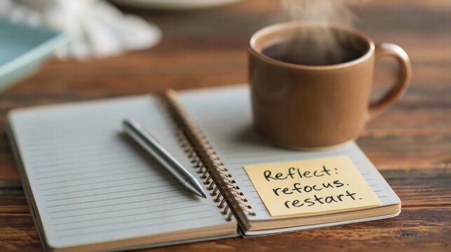 Mindfulness and mental wellbeing break reflect refocus restart concept with coffee and notepad on wooden desk for self