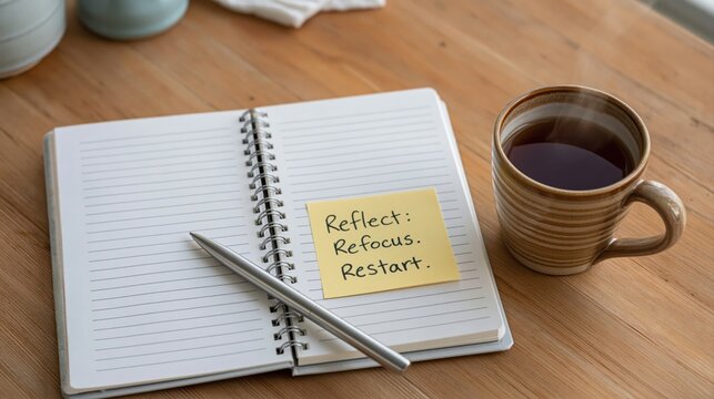 Mindfulness and self-care break reflect refocus restart message on notepad with coffee cup mental health reminder