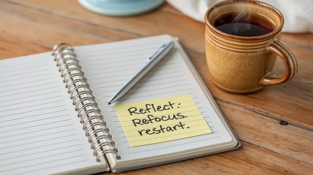 Mindfulness and self-care reflect refocus restart notepad with positive affirmations coffee cup on wooden desk mental