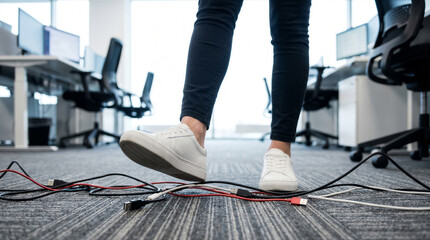 Naklejka premium Closeup of a persons feet stepping on a tangled mess of computer cables on an office floor, representing workplace safety hazards