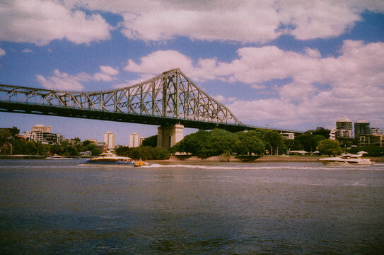 Brisbane cityscape on sunny afternoon, shot on film 