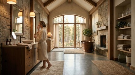 Fototapeta premium Relaxing morning wellness routine: woman in bathrobe applying skincare in a luxurious rustic spa-style bathroom with stone walls and forest window view