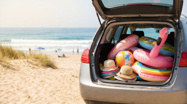 Trunk of a car filled with beach accessories including inflatable rings, a beach ball, and sun hats parked on a sandy beach by the ocean