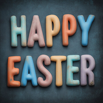 The words "HAPPY EASTER" are spelled out in individually crafted, colorful textured letters arranged against a dark, rustic background.