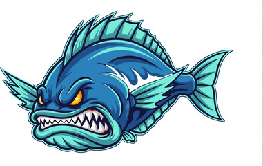 Fototapeta premium Dynamic illustration of a ferocious blue fish with sharp teeth, an aggressive expression, and spiky fins, capturing the intense spirit of an aquatic predator
