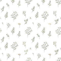 Fototapeta premium Seamless Pattern of Delicate Hand Drawn Watercolor Wildflowers and Green Foliage.