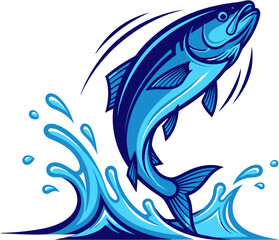Fototapeta premium Dynamic illustration of a powerful blue fish leaping from the water, creating vibrant splashes, symbolizing aquatic strength, freedom, and the thrill of a successful catch
