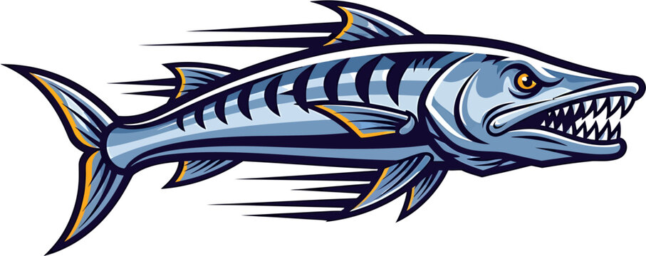 Fierce barracuda fish illustration in motion, with sharp teeth and an aggressive expression, suitable for sports logos and aquatic themes